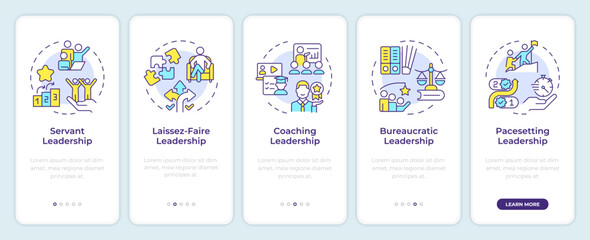 Wall Mural - Styles of leadership onboarding mobile app screen. Walkthrough 5 steps editable graphic instructions with linear concepts. UI, UX, GUI template. Montserrat SemiBold, Regular fonts used