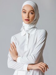 Studio portrait of a russian girl in white hijab and white dress of the Muslim style, white background