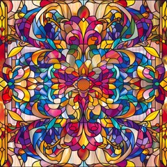 Sticker - A colorful stained glass window with a flowery design