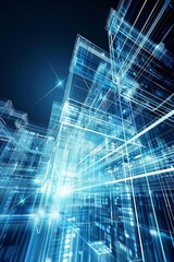 Fototapete - Futuristic digital cityscape with abstract blue light lines, representing modern technology and innovative architectural design, Generative AI