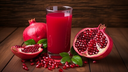 Wall Mural - Fresh ripe pomegranate with green leaves isolated on blak background.