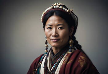 Wall Mural - portrait of Tibetan woman in traditional dress, isolated white background