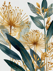 Wall Mural - Abstract vector background with golden line art flowers, botanical leaves, and watercolor