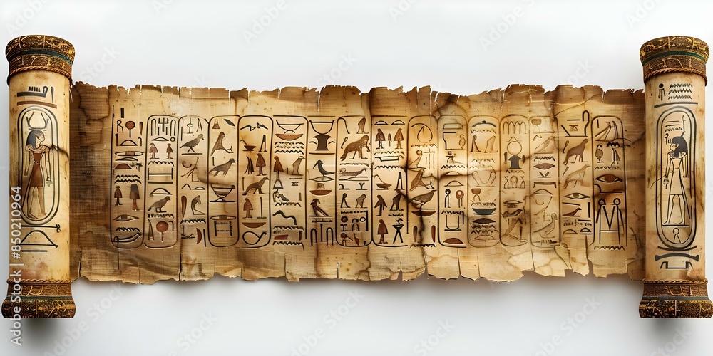Ancient Egyptian hieroglyphics on textured papyrus scroll displayed ...