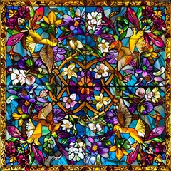 Canvas Print - A stained glass window with birds and flowers