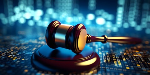 Legal Tech Concept Judge Gavel on Digital Background with Copy Space. Concept Legal Tech, Judge Gavel, Digital Background, Copy Space, Concept