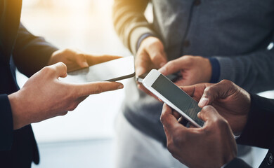 Poster - Business people, hands or typing with phone for social media, data sync or sharing at office. Closeup of employees texting, browsing or chatting on mobile smartphone for communication at workplace