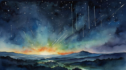 watercolor painting: a meteor shower streaking across the night sky, its fleeting beauty and cosmic 