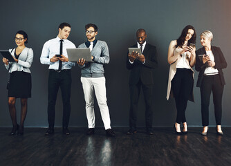 Poster - Business people, mobile and tech in row, hr and company as web developer in digital agency for network. Team, tablet and laptop in communication for growth, career in brand design as group in office