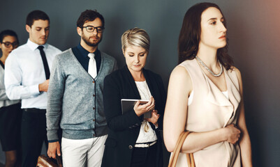 Poster - Waiting room, business people and line for recruitment, hiring and career opportunity. Group, hr candidate and queue for job search, employment and human resources interview for meeting in office