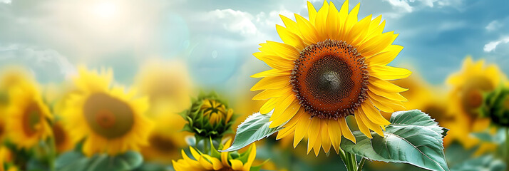 Wall Mural - A flower of a sunflower blossoms on a field of sunflowers on a sunny day. Creative banner. Copyspace image