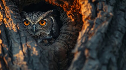 The owl is staring at you with its big, yellow eyes. Its feathers are dark brown and its beak is yellow. The owl is sitting in a tree hollow. The background is blurred.