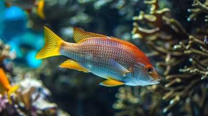 The photo shows a beautiful and colorful fish swimming in a coral reef