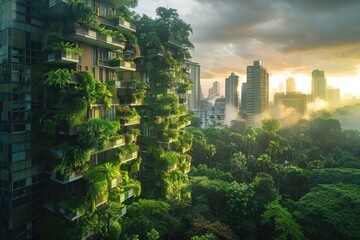 Wall Mural - Abandoned high-rise buildings covered with plants