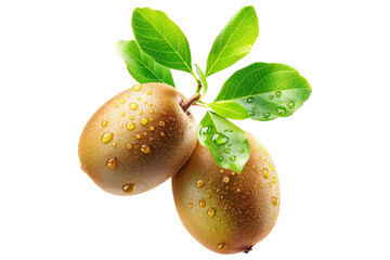 Close-up of two fresh kiwis with green leaves, covered in water droplets, isolated on white transparent background.