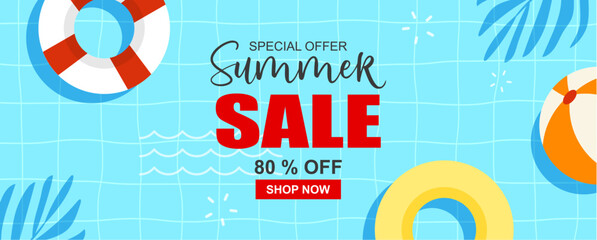 Summer sale banner cover template background. Summer swimming pool discount special offer.