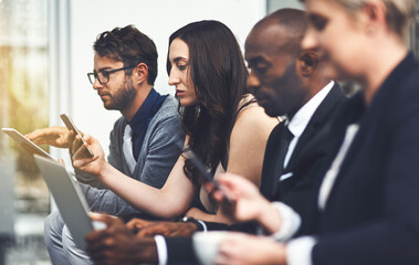 Poster - Technology, business people and waiting room for recruitment, hiring and career opportunity on phone. Group, hr candidate and queue for job search, employment and human resources interview on laptop