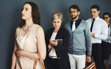 Poster - Waiting room, business people and recruitment for hiring or career opportunity in line. Group, hr candidate and queue for job search, employment and human resources interview for meeting in office