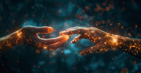 Fototapete - AI generated image of two hands touching with glowing light particles