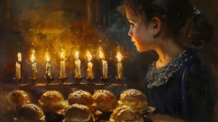 Wall Mural - Child girl Looking at Menorah Candles on wooden table and sufganiyot on background light glitter bokeh overlay. Hanukkah jewish holiday Israel hebrew traditional family celebration invitation design. 