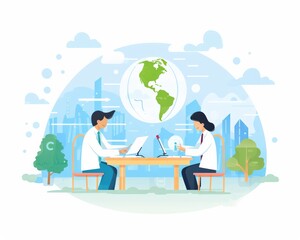 two scientists working on laptops outdoors with global earth illustration background, representing g