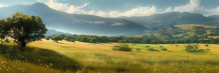 Poster - A meadow and mountains in the portuguese countrysie. Creative banner. Copyspace image