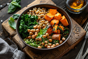 Wall Mural - A bowl of food with a variety of vegetables and nuts. The bowl is wooden and has a rustic feel