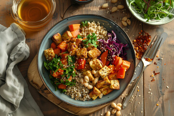 Wall Mural - A bowl of food with rice, vegetables, and tofu. The bowl is on a wooden table