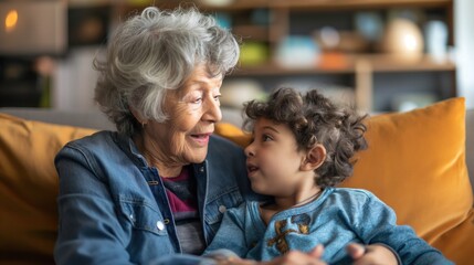 grandmother talking with her young grandchild nestled beside her on a living room sofa