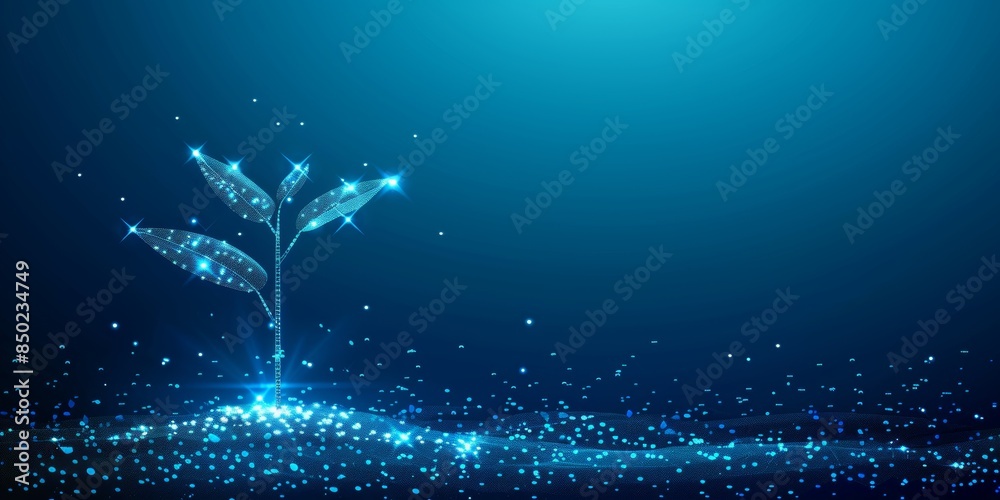 Futuristic digital plant against a blue background, highlighting the ...