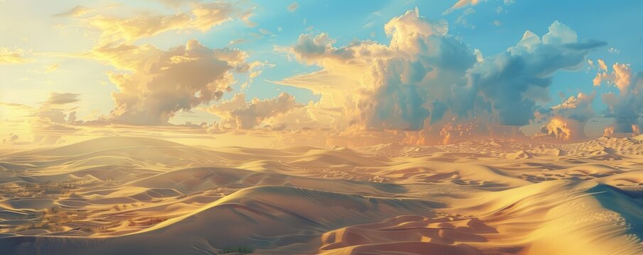 Surreal desert landscape with towering sand dunes, 4K hyperrealistic photo