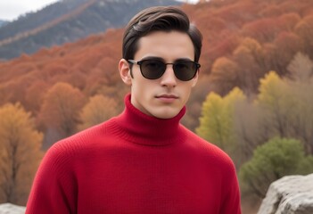 A young man with dark hair wearing a a red t-shirt and sunglasses