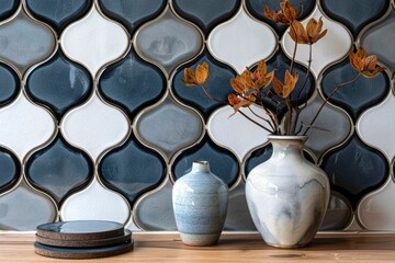 The pottery on the desktop and the black and white patchwork background wall