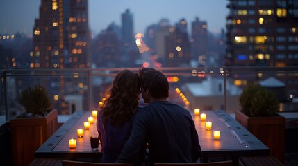 Poster - A couple is sitting on a rooftop in New York City, enjoying the view of the city lights. AI.