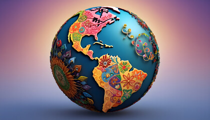 a globe made up of intricate, colorful patterns and symbols representing different communities and cultures, set against a gradient background with a gentle, glowing effect.
