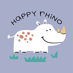 Wall Mural - textile print design with cute rhino drawing as vector for kids fashion