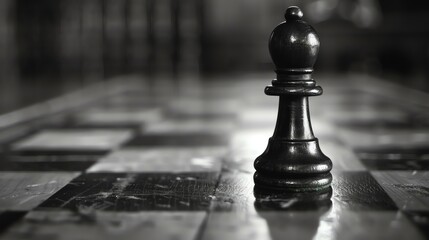 A black chess pawn stands alone on a chessboard. The pawn is in focus, while the background is blurred. The image is in black and white.