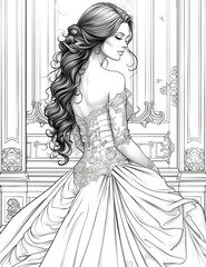 A woman in a white dress with long hair is sitting in front of a door. The dress is long and flowing, and the woman's hair is styled in a bun. The image has a romantic and elegant mood