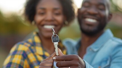 Poster - A man and woman are holding a key together, both smiling