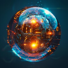 Poster - 3D sphere with a futuristic cyberpunk design, using a blue and orange color palette, including circuitry elements, with a glowing core in the center.