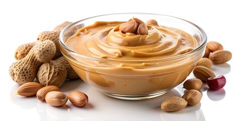 glass bowl of peanut butter and peanuts