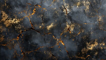 Poster - Dark gray and metallic texture with golden cracks, creating an abstract background for design or graphic art. The rough textured surface gold accents on wall. industrial style with deep black tones