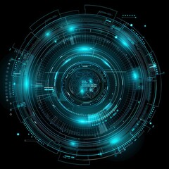 Fototapete - A futuristic digital circular interface with glowing blue lines and holographic elements, representing advanced technology in the field of data science or computer engineering.