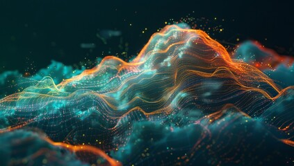Poster - Digital cloud with glowing data particles floating in the dark sky, symbolizing advanced technology and innovation. Digital patterns representing network connections and cyber security.