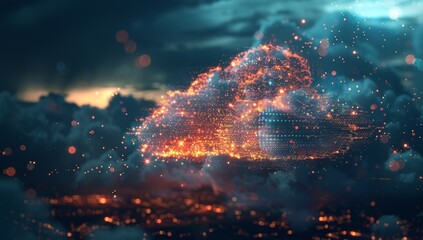 Poster - Digital cloud with glowing data particles floating in the dark sky, symbolizing advanced technology and innovation. Digital patterns representing network connections and cyber security.