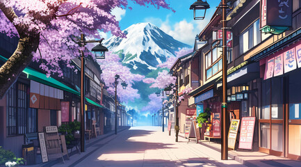 Japanese street with small shops, cherry blossoms and mountain in the background, in the style of anime generative ai