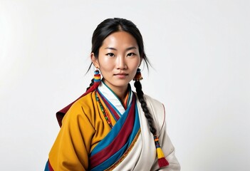 portrait of Tibetan woman in traditional dress, isolated white background