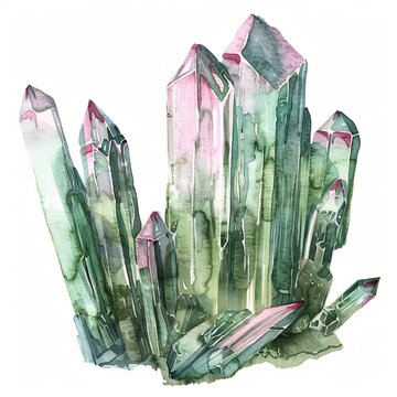 Watercolor painting of glowing tourmaline crystals, emitting a soft pink and green light, on isolated white background, Generative AI