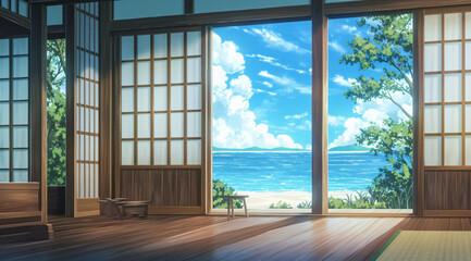 Wall Mural - background Traditional Japanese Room with Ocean View - Generative AI