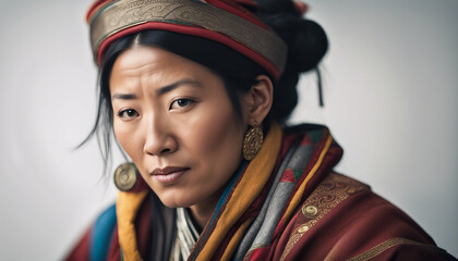 Wall Mural - portrait of Tibetan woman in traditional dress, isolated white background